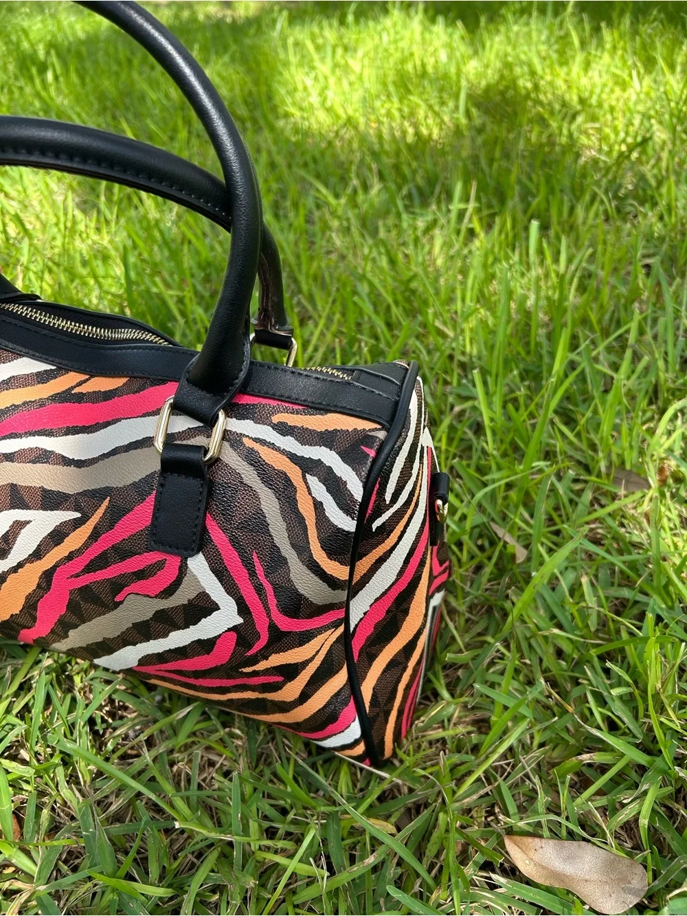 Black Handle Zebra-Print Satchel with Pink & Orange Accents